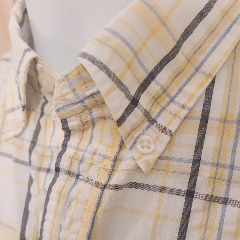 Arrow Classic Fit - Button-Down Shirt Men’s Med Yellow Blue Plaid Short Sleeve - Picture 4 of 8